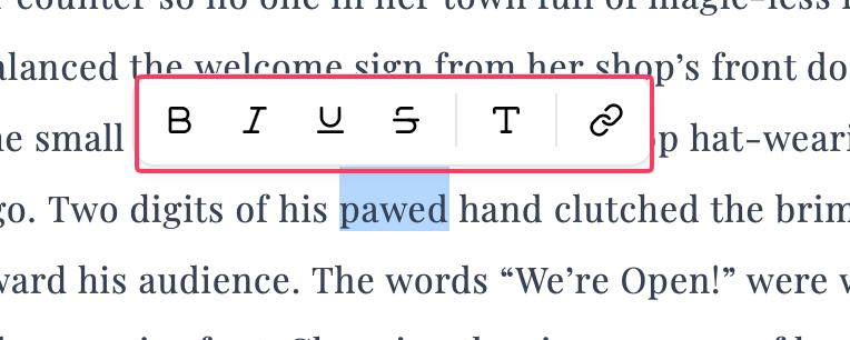 Bubble menu showing formatting options like bold, italic, and link when text is selected