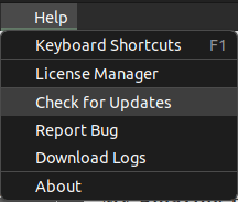 Help menu showing Check for Updates option