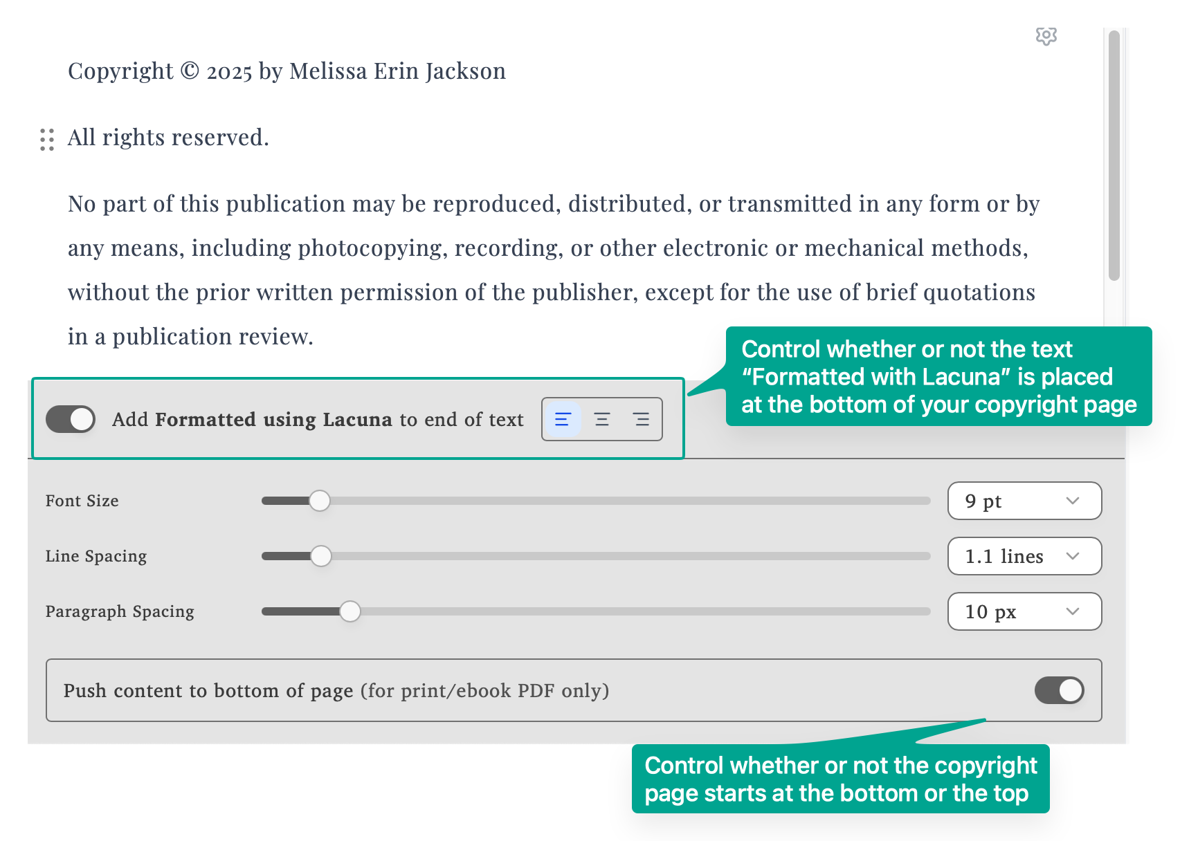 Copyright page editor showing formatting options, Formatted with Lacuna toggle, and push to bottom option