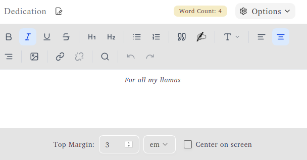 Dedication page settings showing center on screen and top margin options