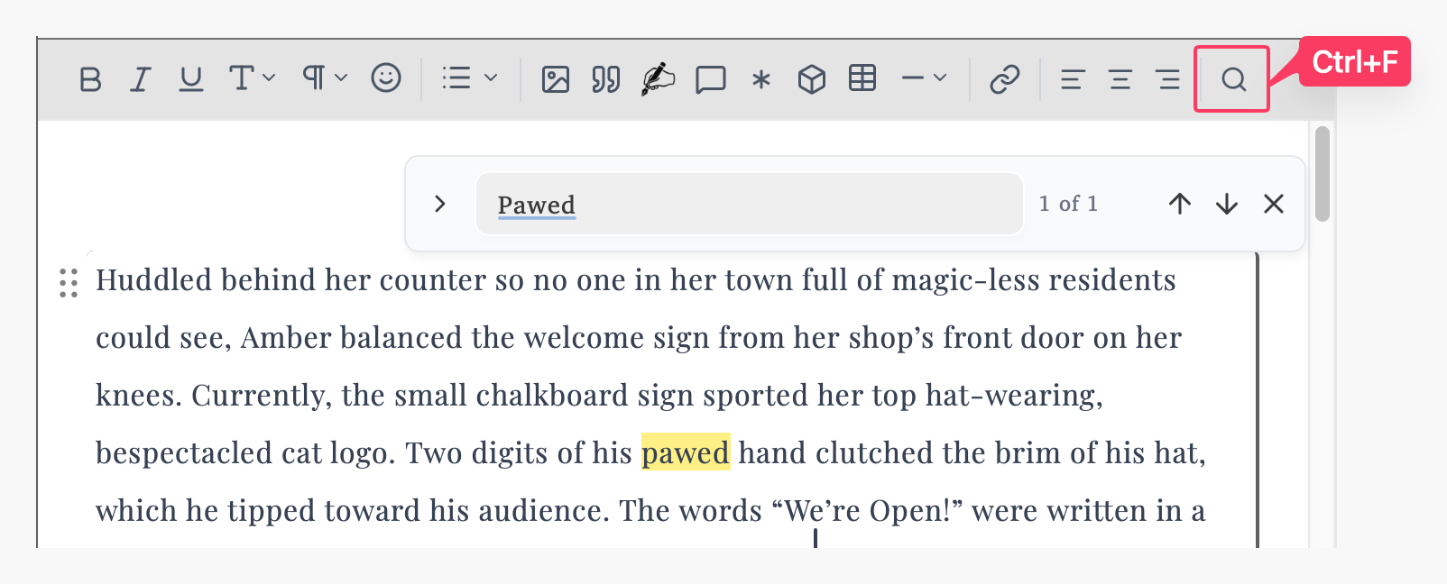 Search interface showing highlighted search results in current section