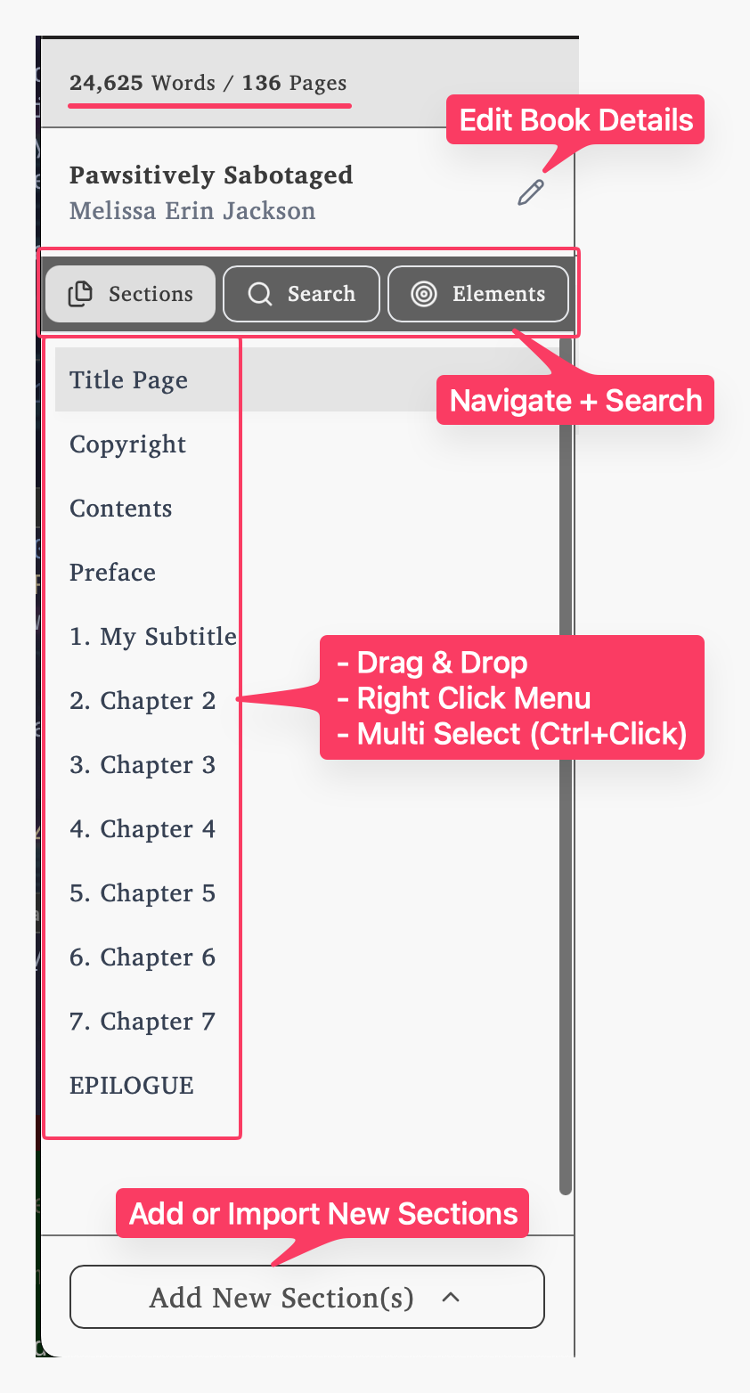 Project sidebar showing the sections tab with visual book structure