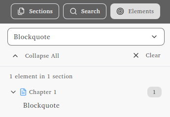 Elements tab showing list of blockquotes found in manuscript
