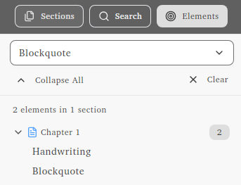 Elements tab showing list of handwriting found in manuscript