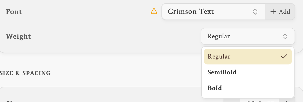 The Weight list open under Crimson Text, offering Regular, SemiBold and Bold