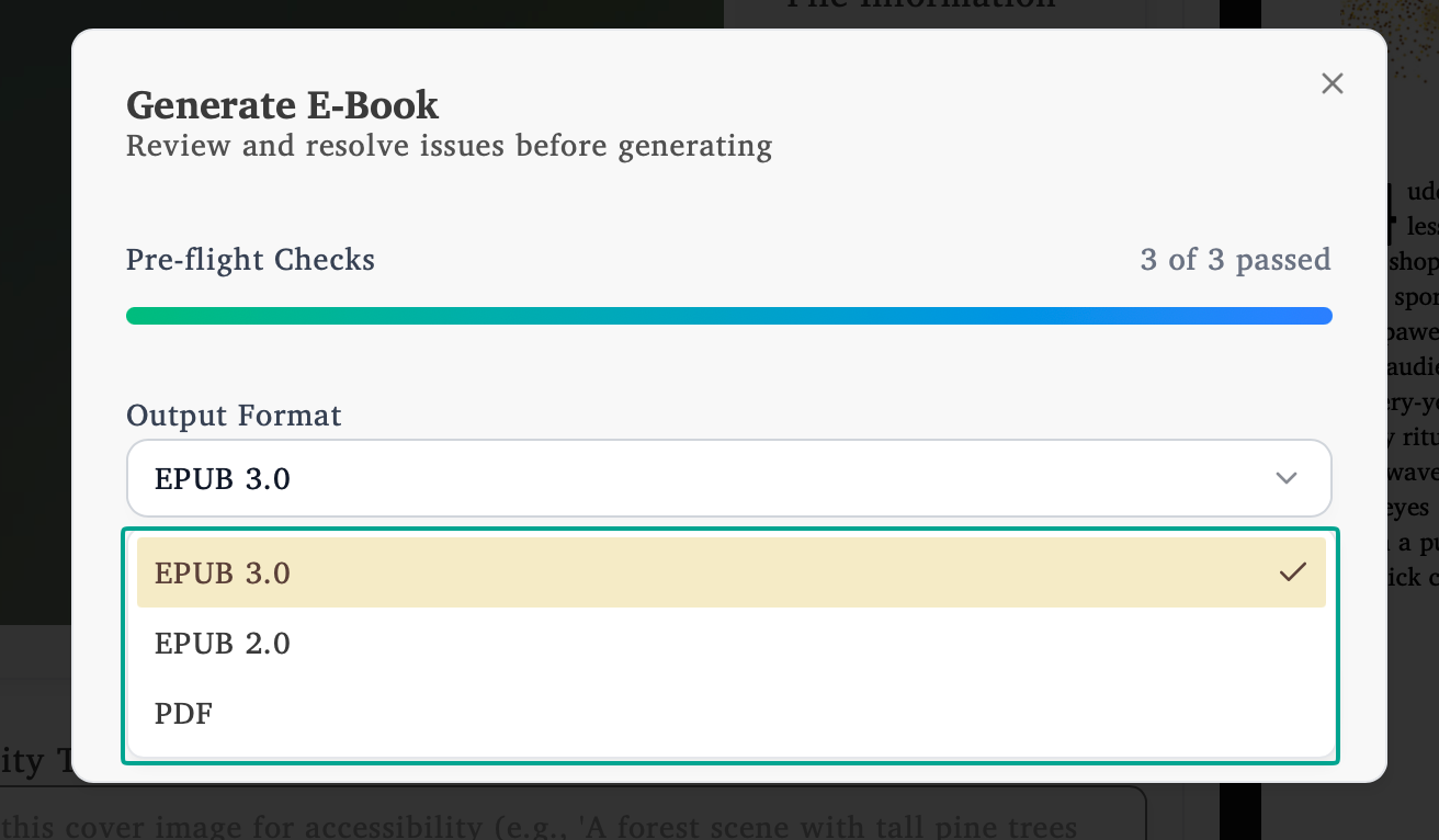 Generate E-Book dialog showing EPUB 3.0, EPUB 2.0, and PDF format options