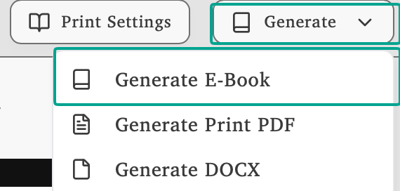 Generate menu showing E-Book, Print PDF, and DOCX export options