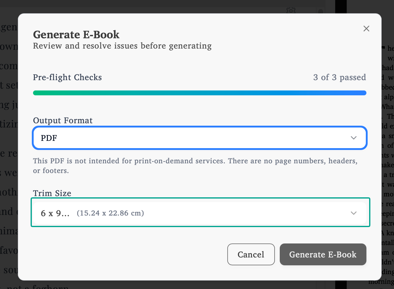 Generate E-Book dialog with PDF selected and trim size option