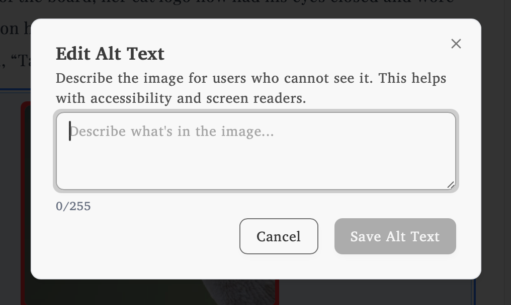 Alt text modal showing input field for image description with 255 character limit