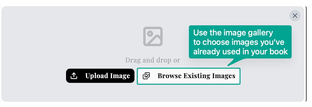 Image upload dialog with upload and browse existing images options