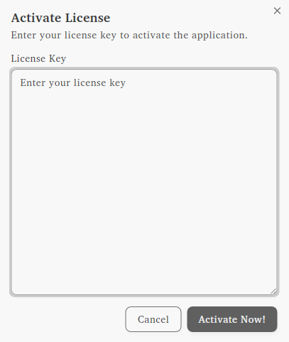 License activation dialog showing license key input field