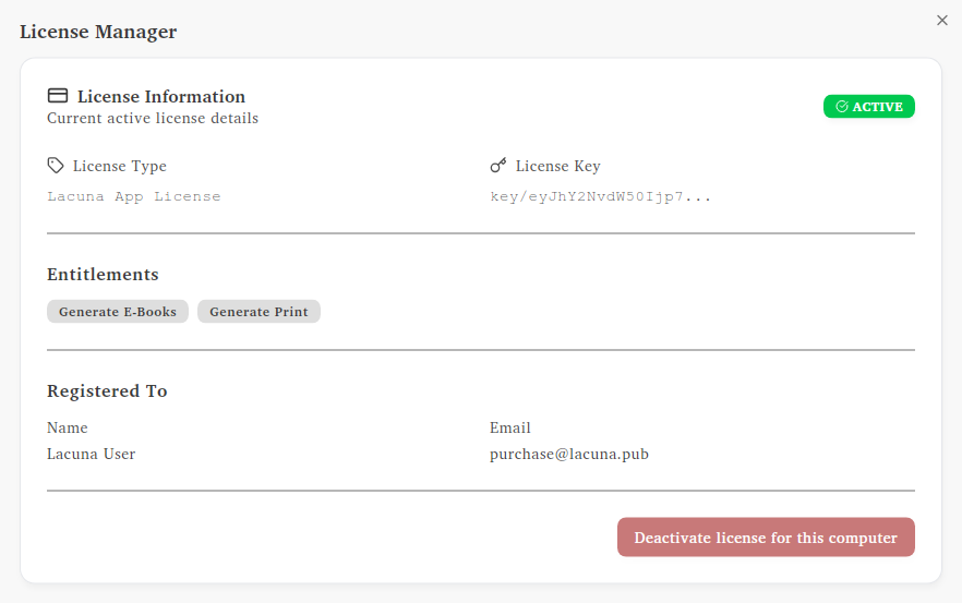 License manager dialog showing license information and deactivation option