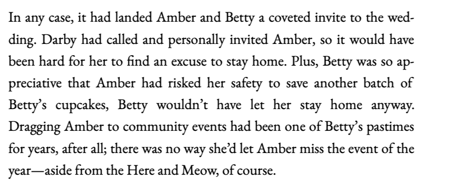 A printed paragraph, line by line: "ap-preciative" is split across lines, and the line "Betty's cupcakes, Betty wouldn't have let her stay home anyway." is stretched with wide gaps