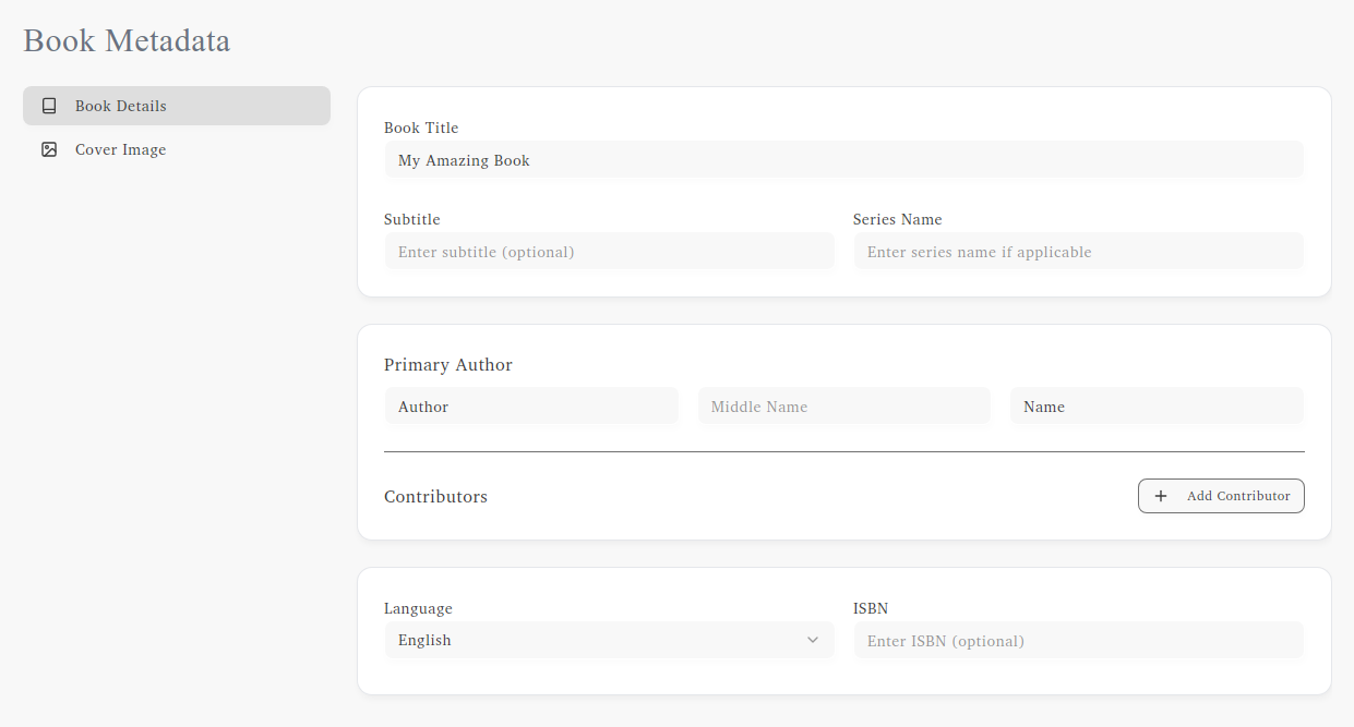 Book metadata screen showing editable fields for title, author, and publishing information