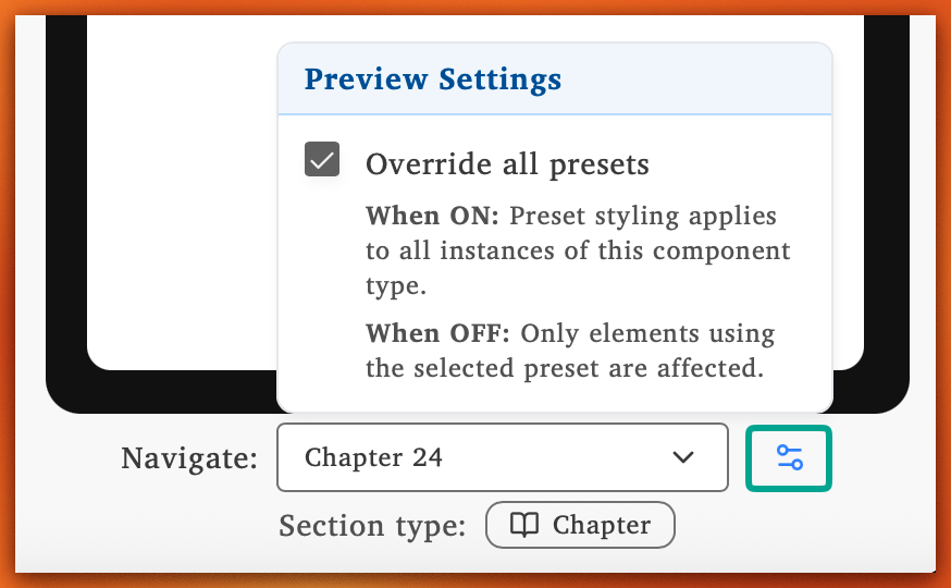 Preview Settings panel showing the Override all presets checkbox