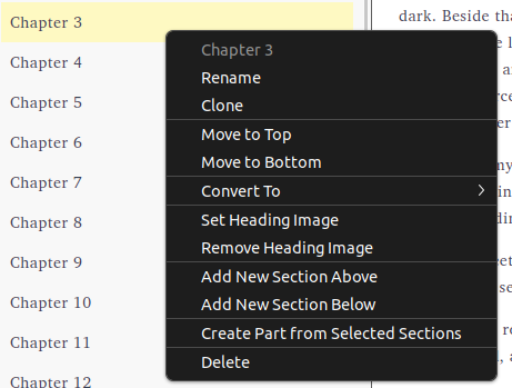Context menu with all section management options